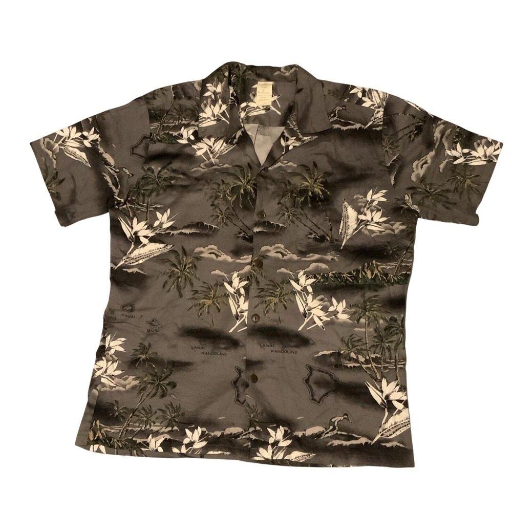 Palmwave Mens Grey Hawaiian Shirt Island Map Palm Tree Cotton Aloha L C9-A420